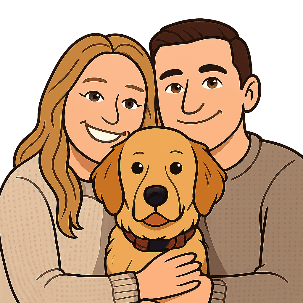 Cartoon version example - couple with their dog as cartoon